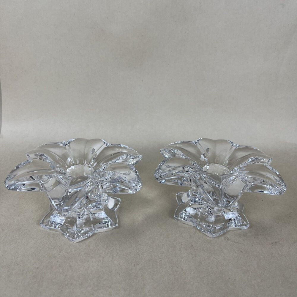 2 MIKASA Clear Crystal Glass‎ Candle Stick Holder Flower Shaped